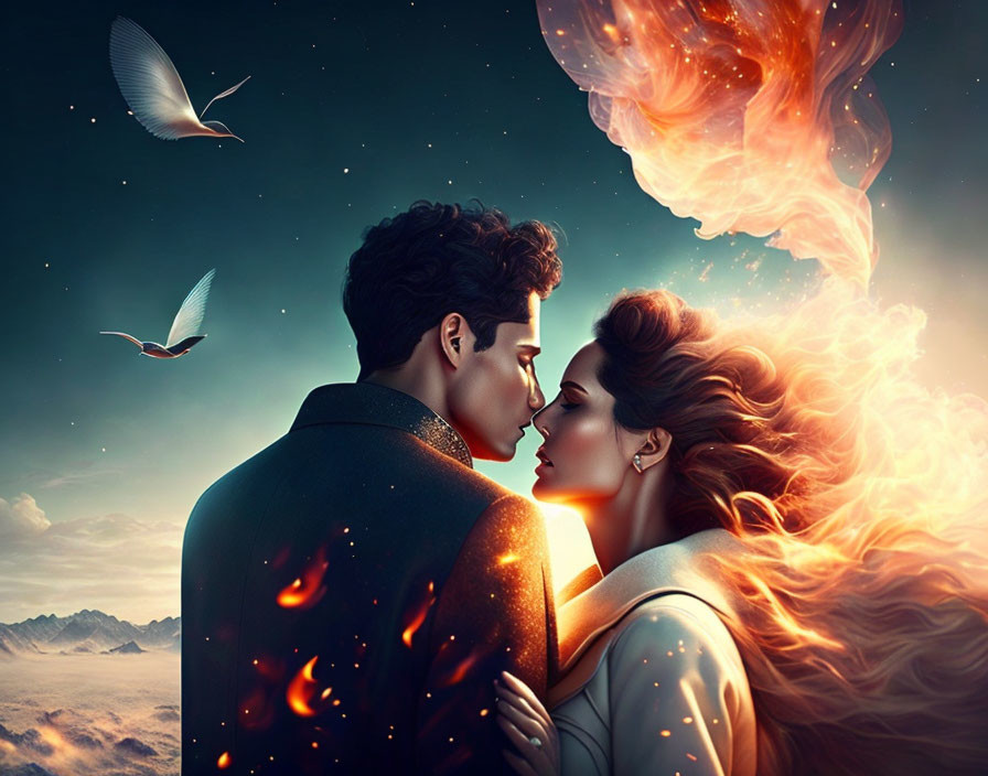 Digital artwork featuring man and woman surrounded by fire, embers, stars, and feathers