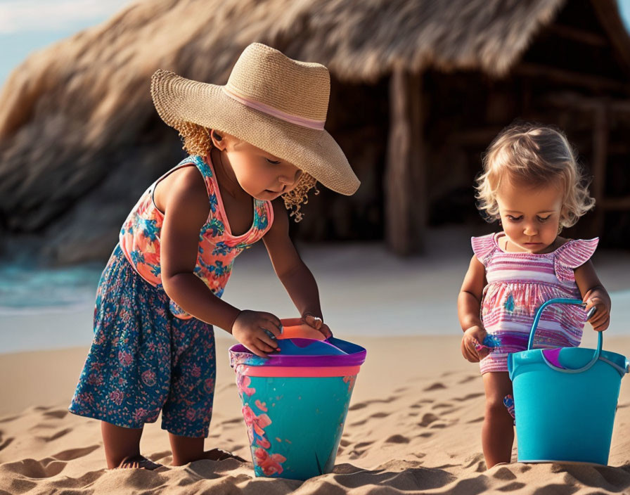 Two toddlers playing with buckets on a sandy beach with wide-brimmed hat and straw hut.