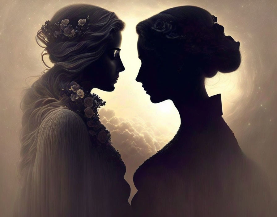 Silhouetted female profiles with floral hair against warm backdrop