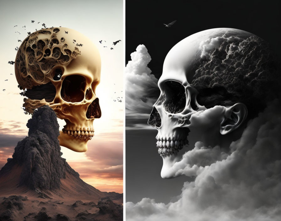 Surreal art diptych: Skulls with volcanic landscape and cloud formations, hosting flying birds