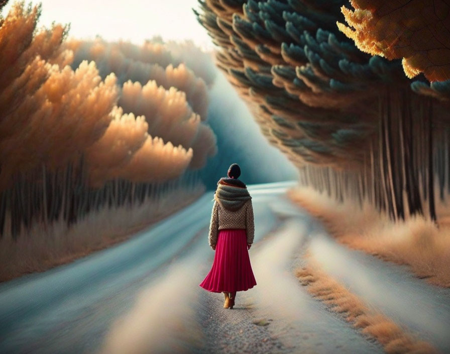 Person in red skirt walking on surreal curved road with inverted autumn trees