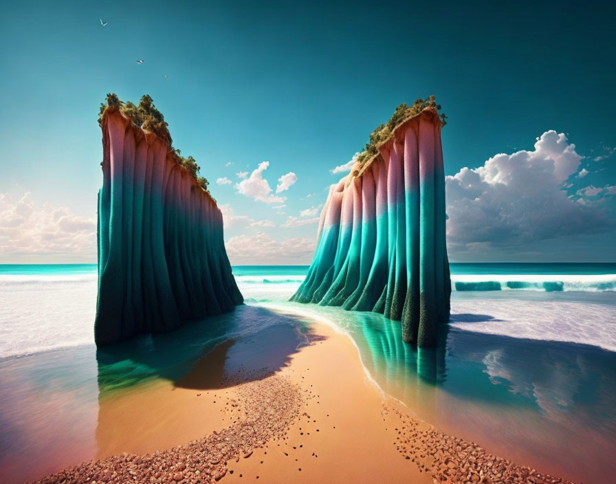 Multicolored cliffs tower over surreal beach