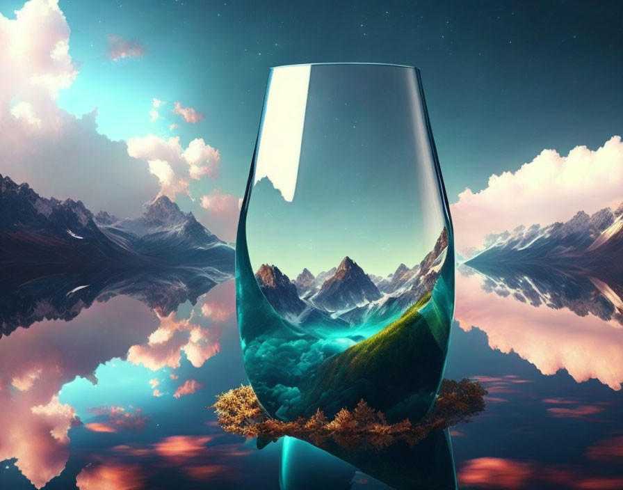 Vibrant green valley and mountains in a surreal wine glass landscape