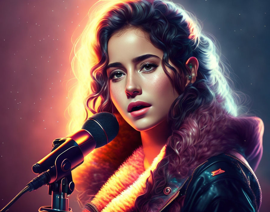 Colorful Digital Art: Woman with Curly Hair Singing into Microphone