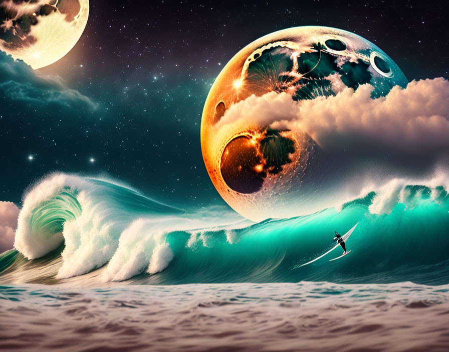 Surfer riding large wave under surreal sky with fantasy planets.