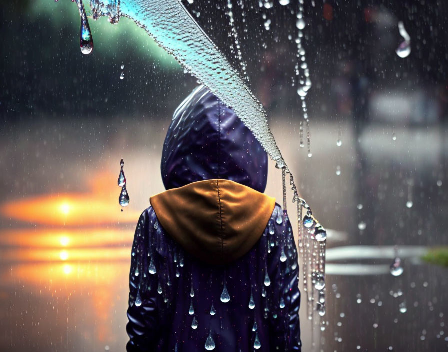 Person in raincoat standing under rain with water droplets in warm background