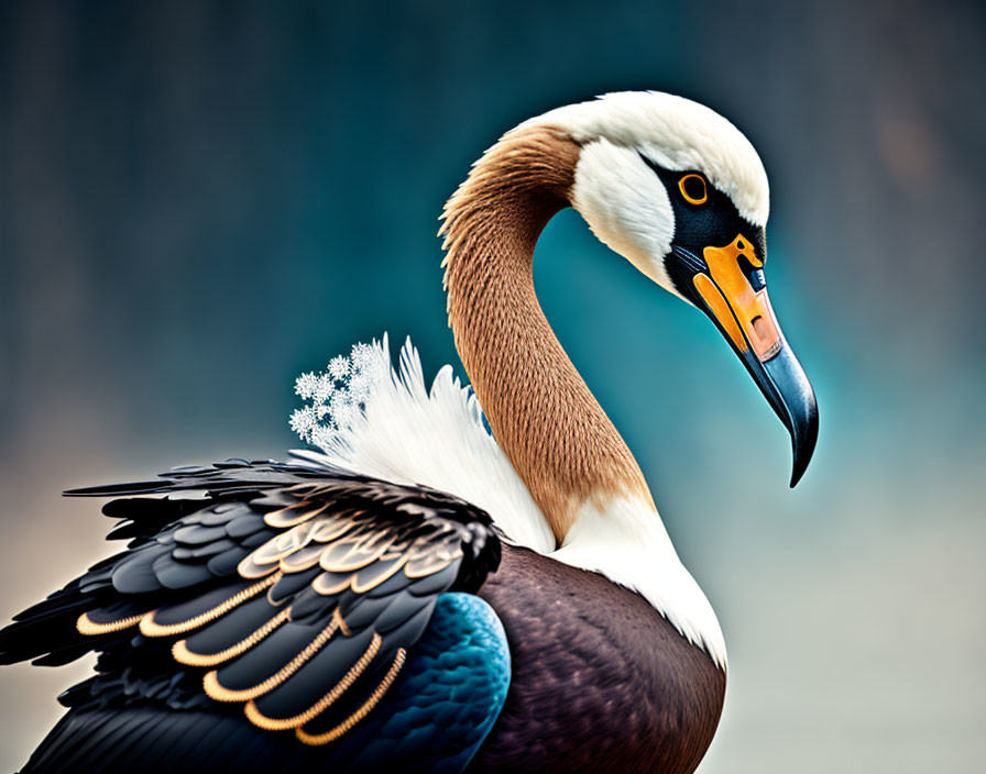 Brown and White Bird with Black, Yellow, and Blue Beak and Snowflake Feather