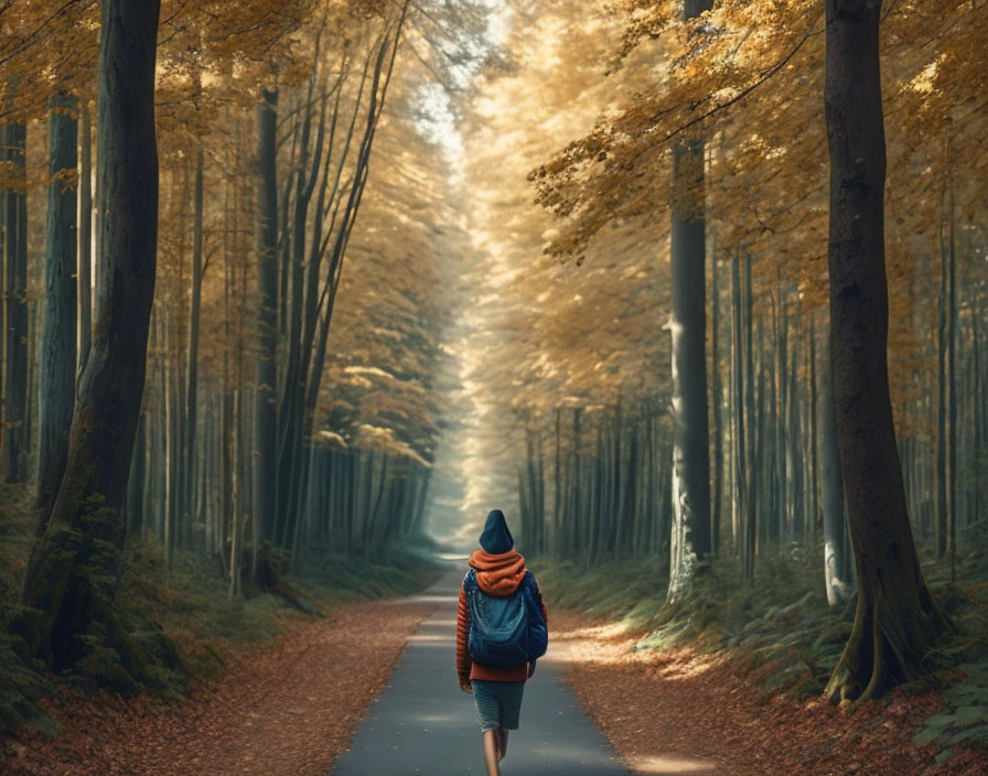 Serene forest path with autumn trees and hiker