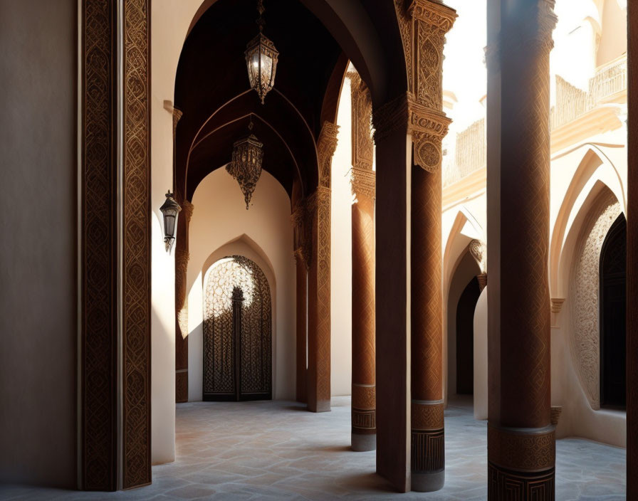 Ornate corridor with arches, carvings, lanterns, and screen door