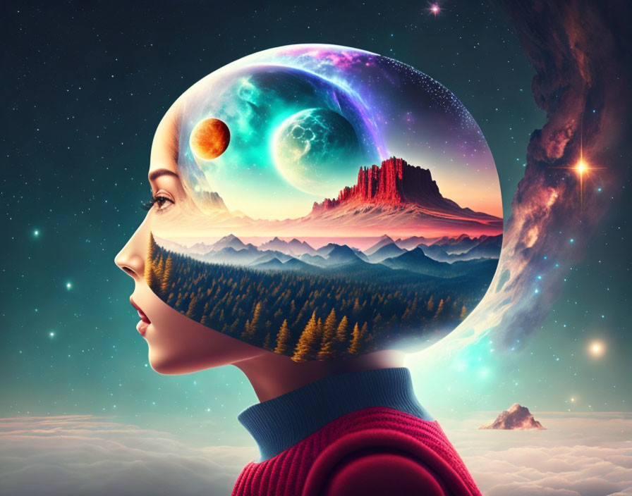 Surreal woman's profile with cosmic landscape inside