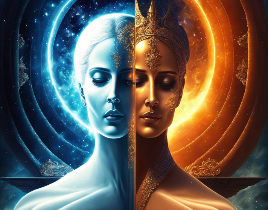 Digital Artwork: Profiles of Ice and Fire Women in Cosmic Setting