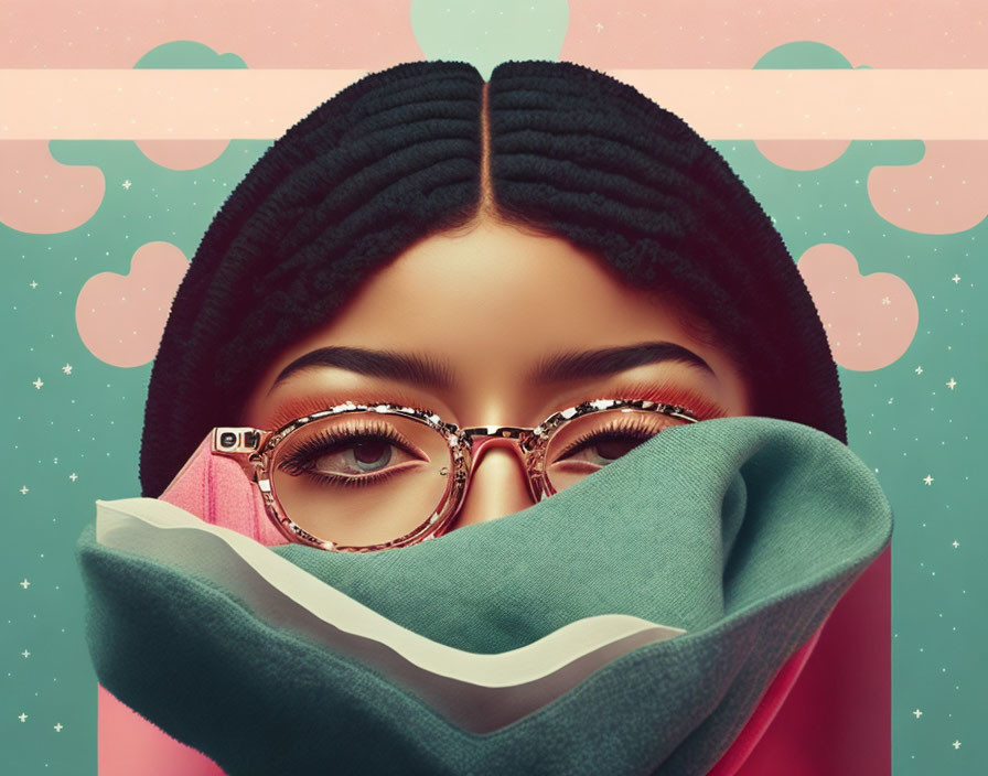 Stylized illustration of person in glasses with beanie and scarf on pink cloud backdrop