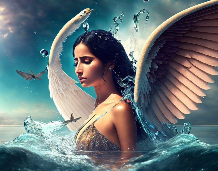 Serene woman with angelic wings in surreal waterscape