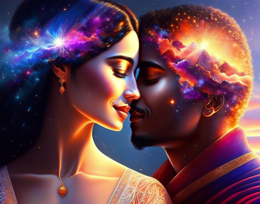 Cosmic-themed couple illustration with intertwined starry night sky heads