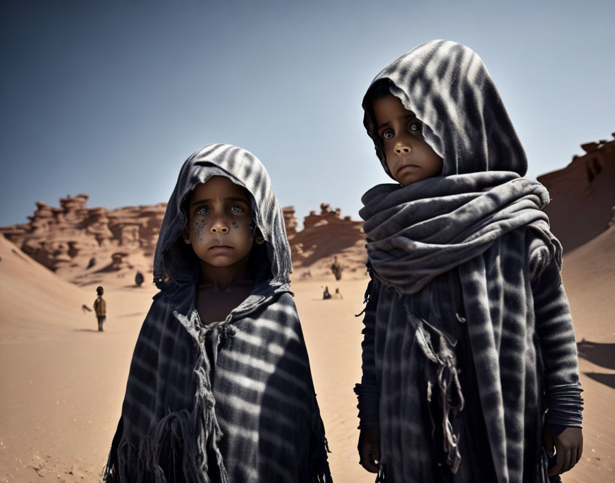 Children in striped cloaks in desert with figure walking away