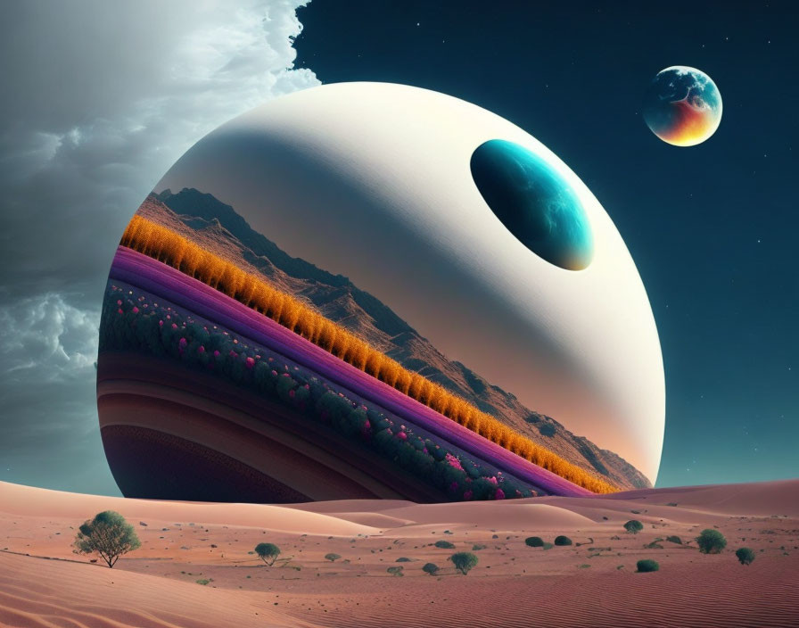 Colorful surreal desert landscape with giant ringed planet and celestial body.