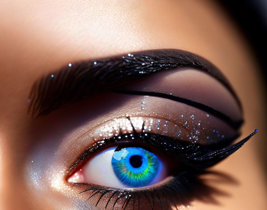 Detailed Close-Up of Vibrant Blue Eye with Black Eyeliner and Glittery Eyeshadow