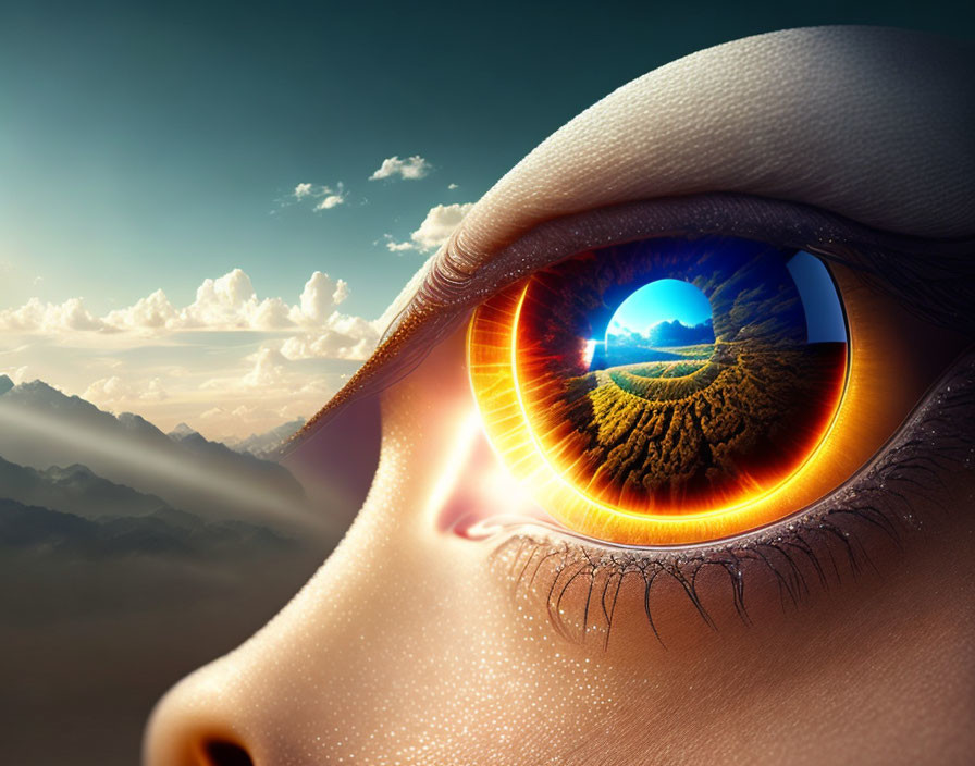 Detailed Close-Up: Surreal Landscape Reflected in Eye