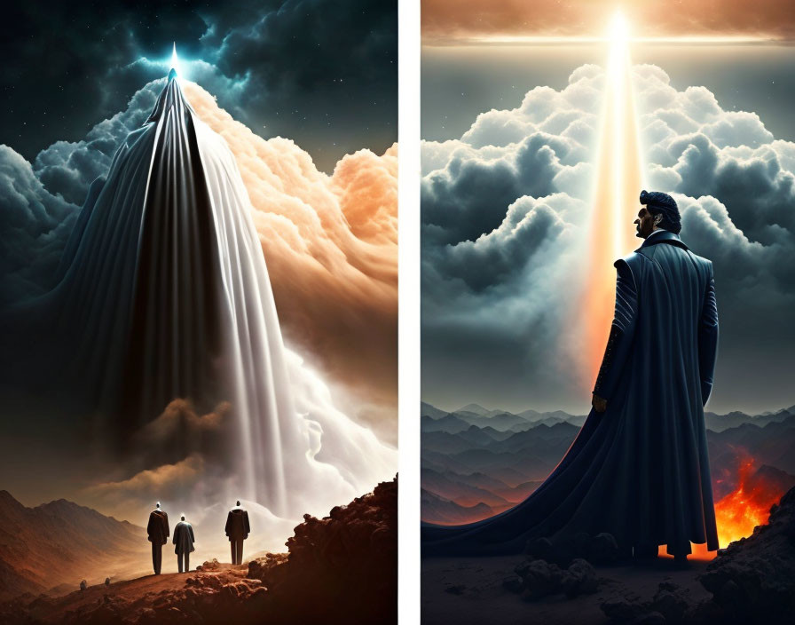 Stylized images: Man in cape, light beams from mountain