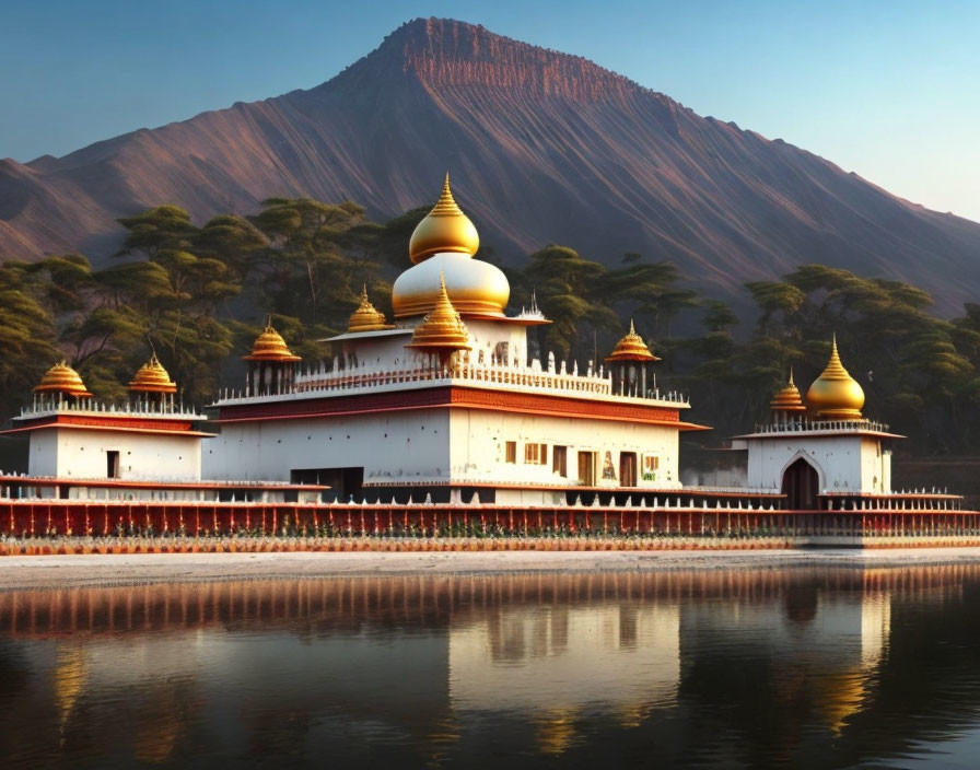 Traditional palace with golden domes near serene lake and mountain at sunset