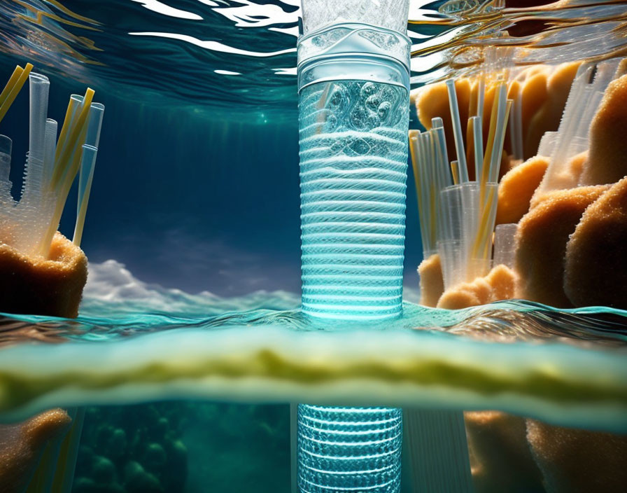 Plastic bottle floats among straws and sponges in ocean pollution scene