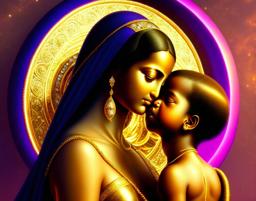 Digital artwork: Woman in blue veil & child with golden aura against cosmic background