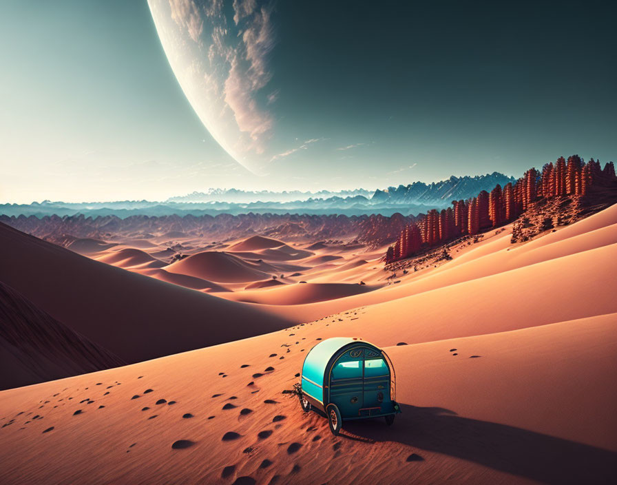 Retro-futuristic trailer in desert with large planet, orange trees, and sand peaks