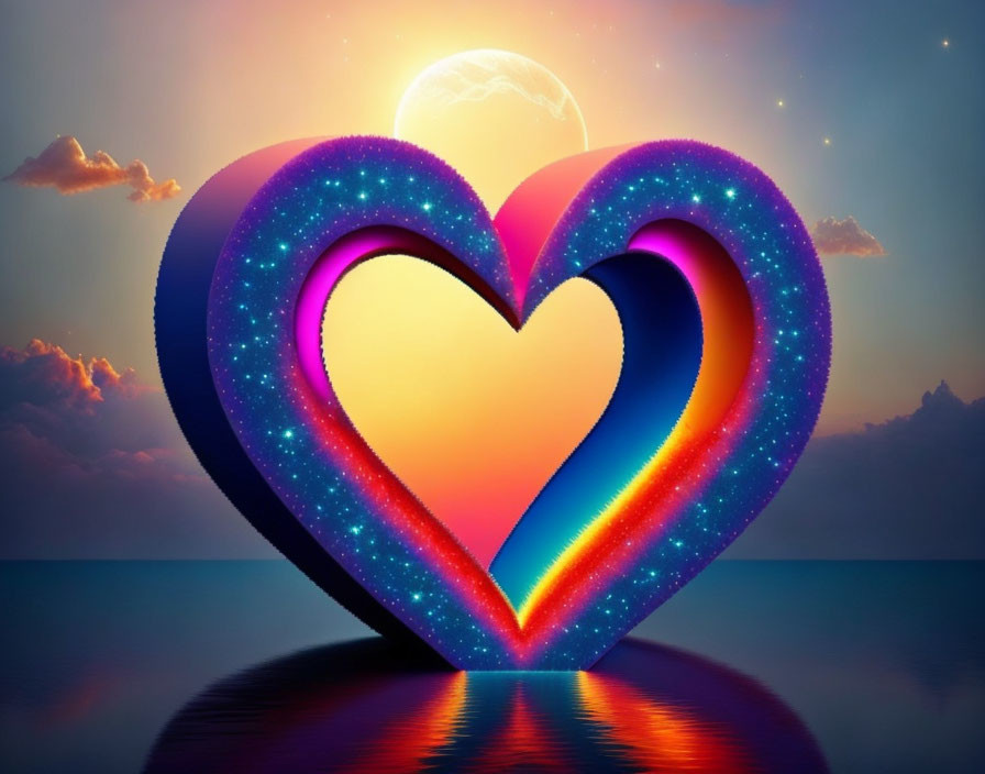 Multicolored heart against sunset, crescent moon, and water scene