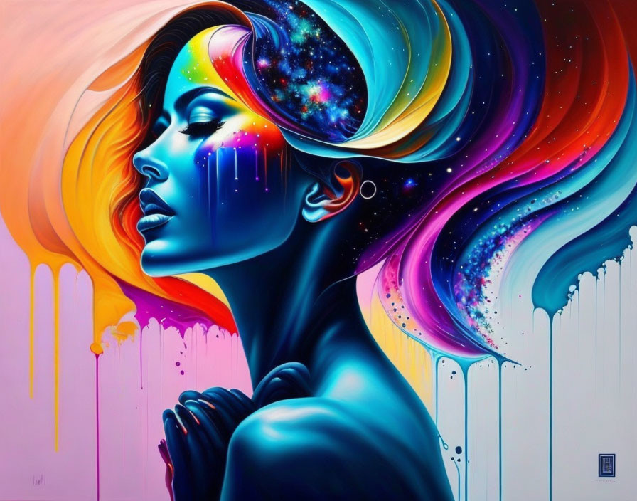 Colorful Woman's Profile Artwork with Cosmic Theme