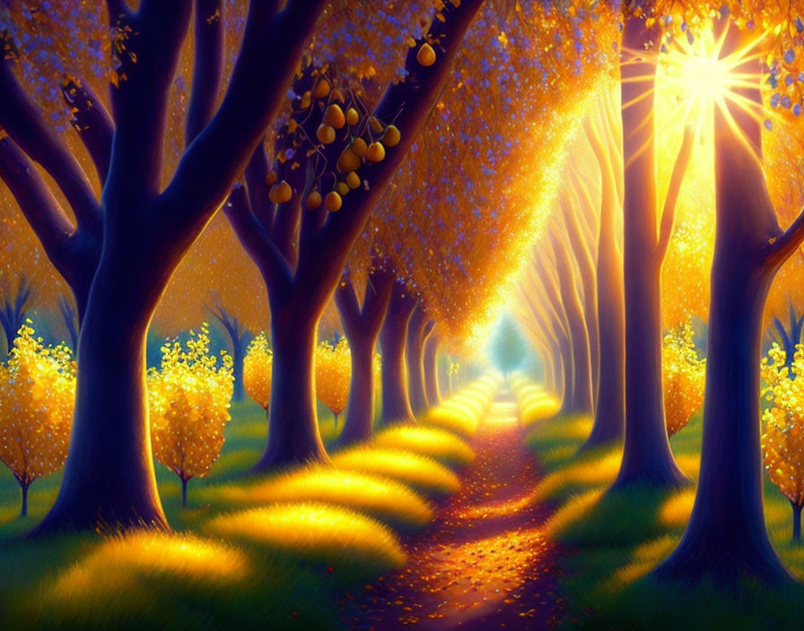 Golden-hued trees line a vibrant path under warm sunlight, casting enchanting shadows.