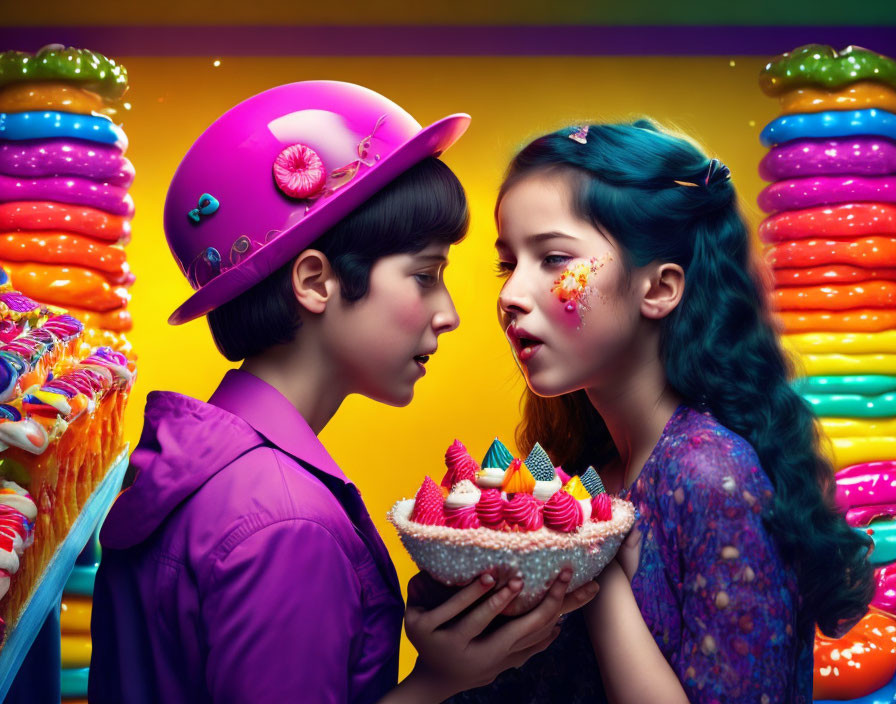 Colorful Outfit Kids with Cupcakes in Candy-Themed Setting