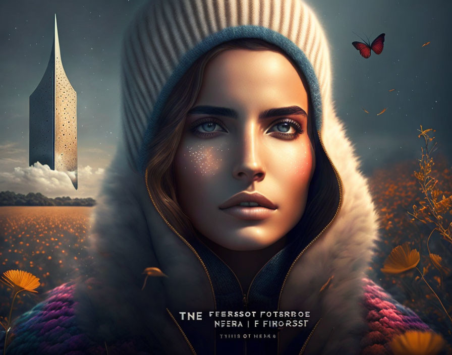 Digital portrait: Woman with glowing freckles, beanie, and jacket in surreal setting with floating