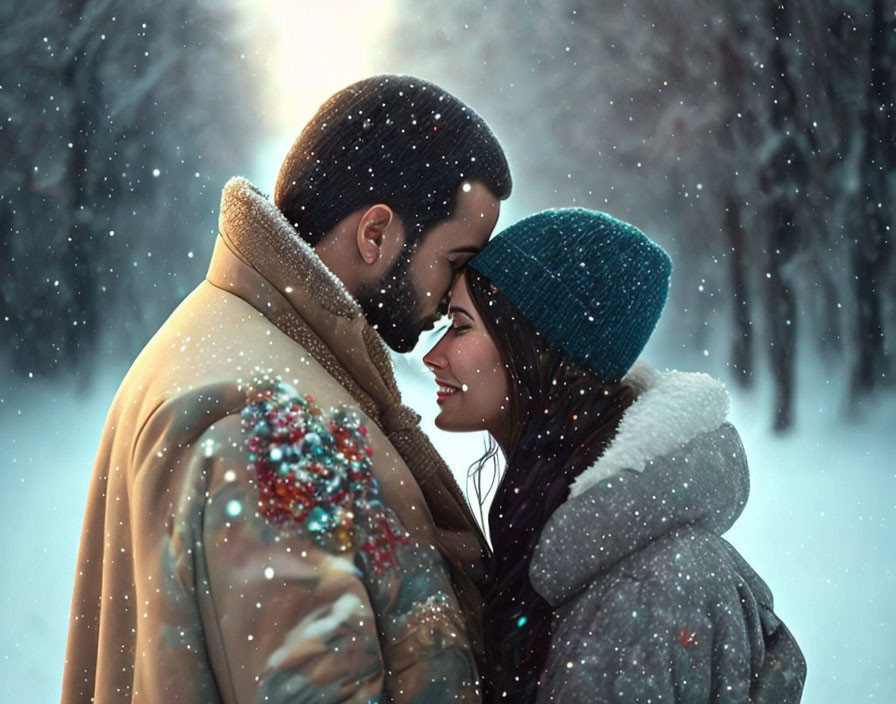 Couple in winter attire sharing intimate moment in snowfall