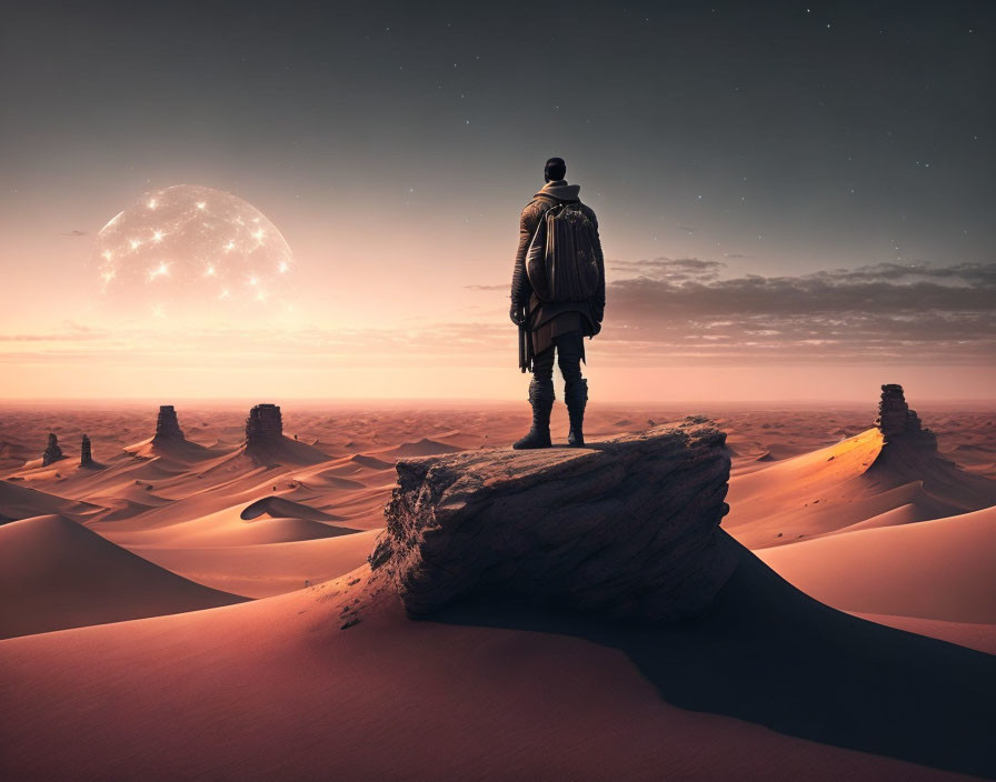 Solitary figure on desert dune under large moon gazes at vast sandy landscape