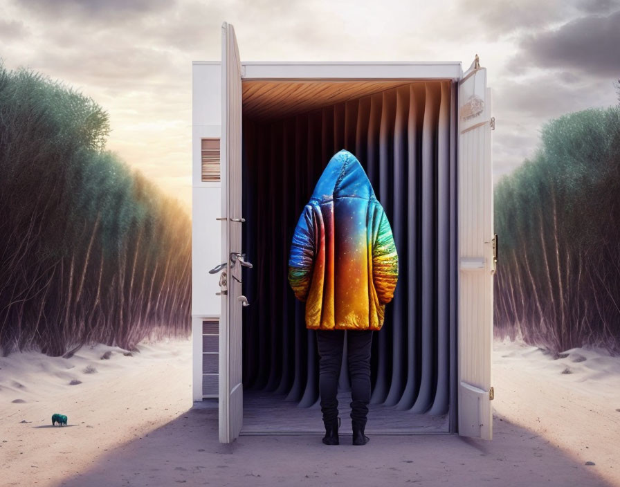 Person in vibrant space-themed jacket in open shipping container between beach and forest