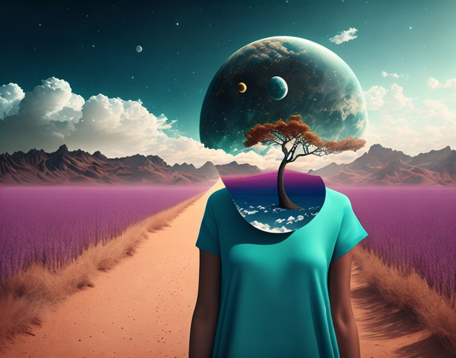 Surreal cosmic landscape with person's silhouette, tree, and planet.