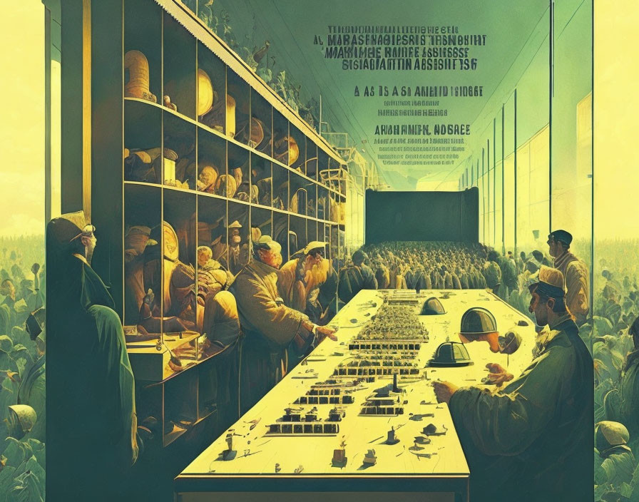 Detailed Vintage Control Room Illustration with Operators and Observing Crowd