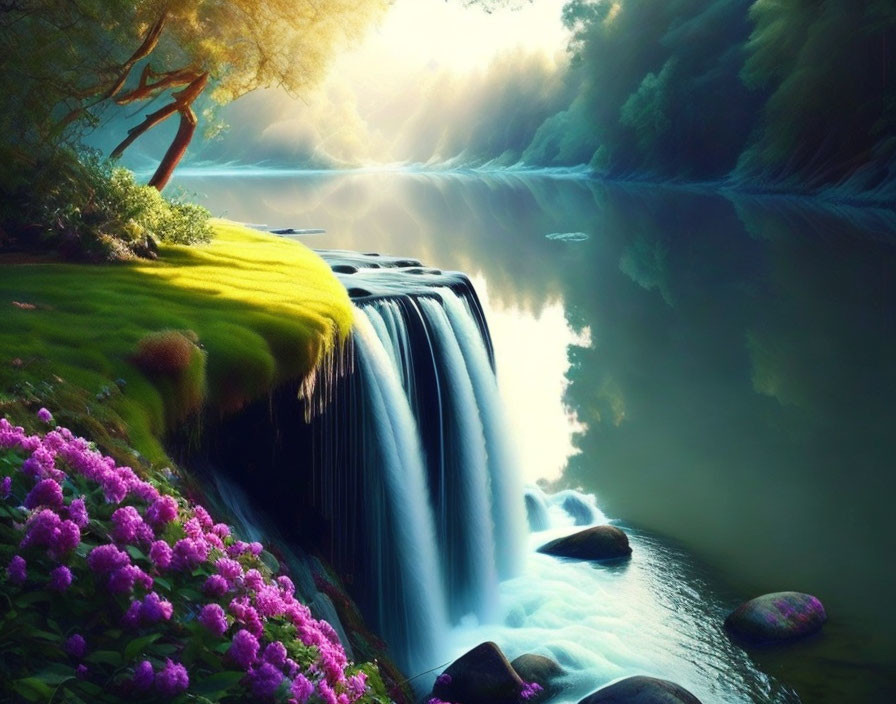 Tranquil river with cascading waterfall and lush greenery