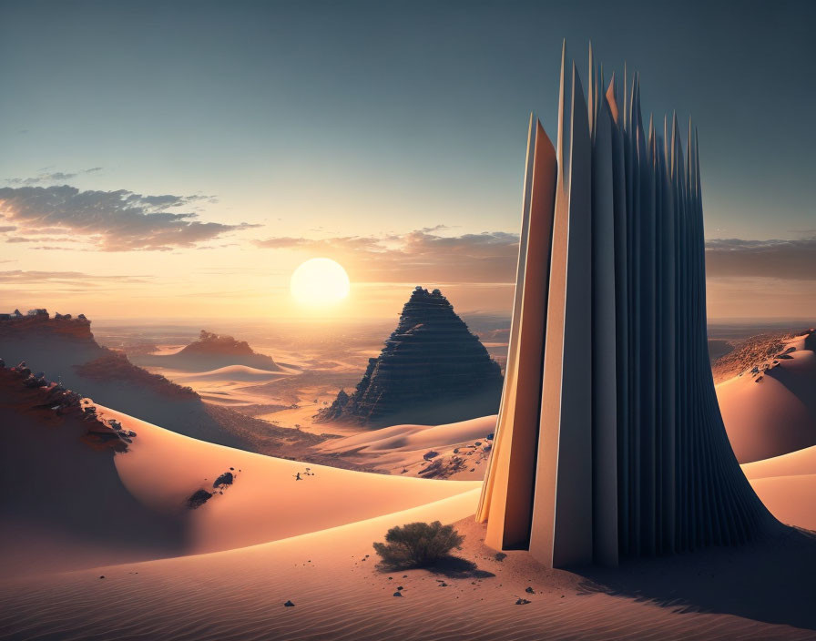 Vertical city structure emerges in desert with setting sun and layered mountains