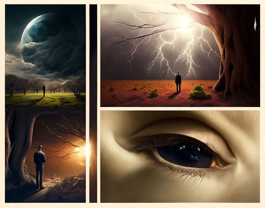 Surreal collage featuring moon, lightning, cave, and human eye