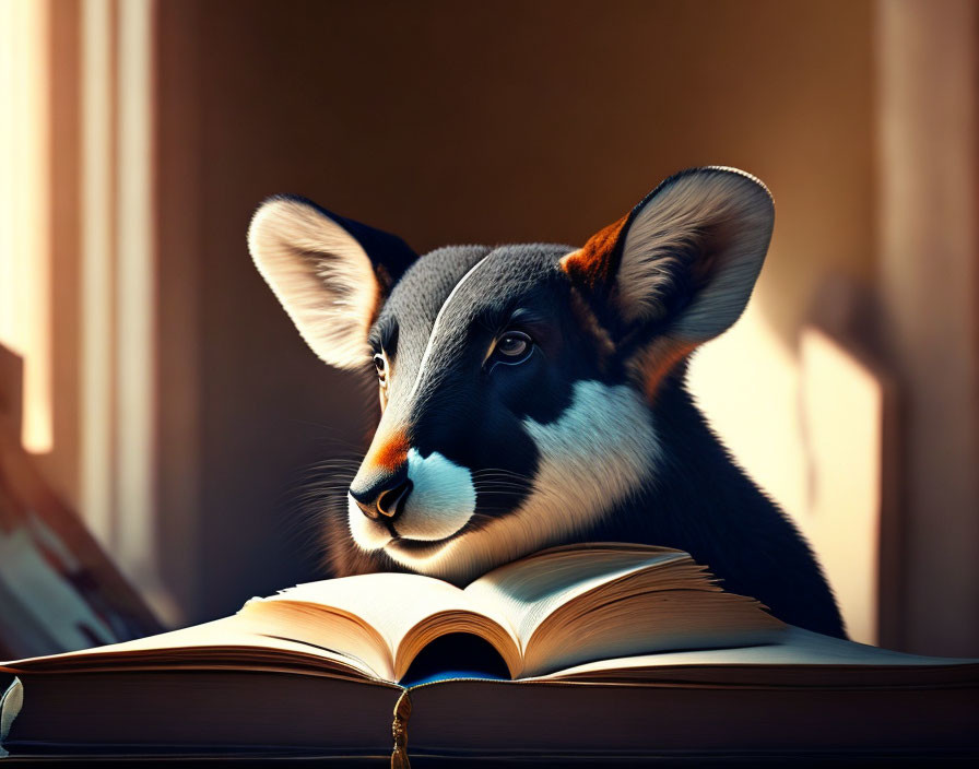 Illustration of badger with human-like eyes reading book in sunny setting