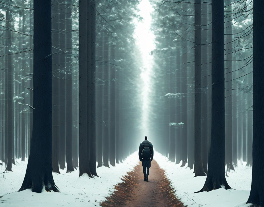 Person walking on snow-lined path in serene wintry forest scene