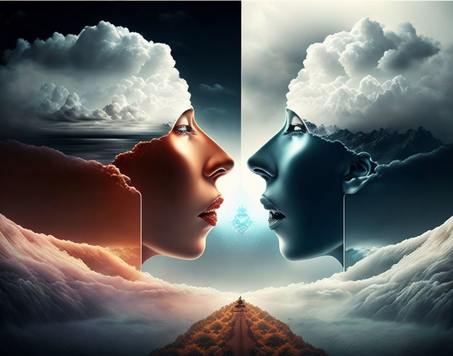 Dual profile faces merge warm and cold weather themes in surreal landscape