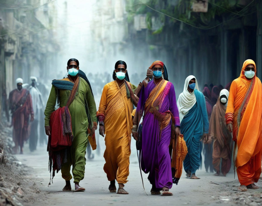 Traditional attired people with face masks walking down a hazy street