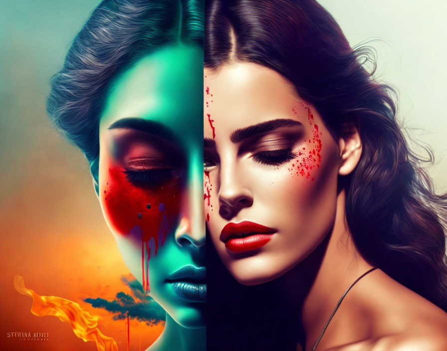 Digital artwork: Woman's face split in two halves, vibrant colors and flame-like forms on one side