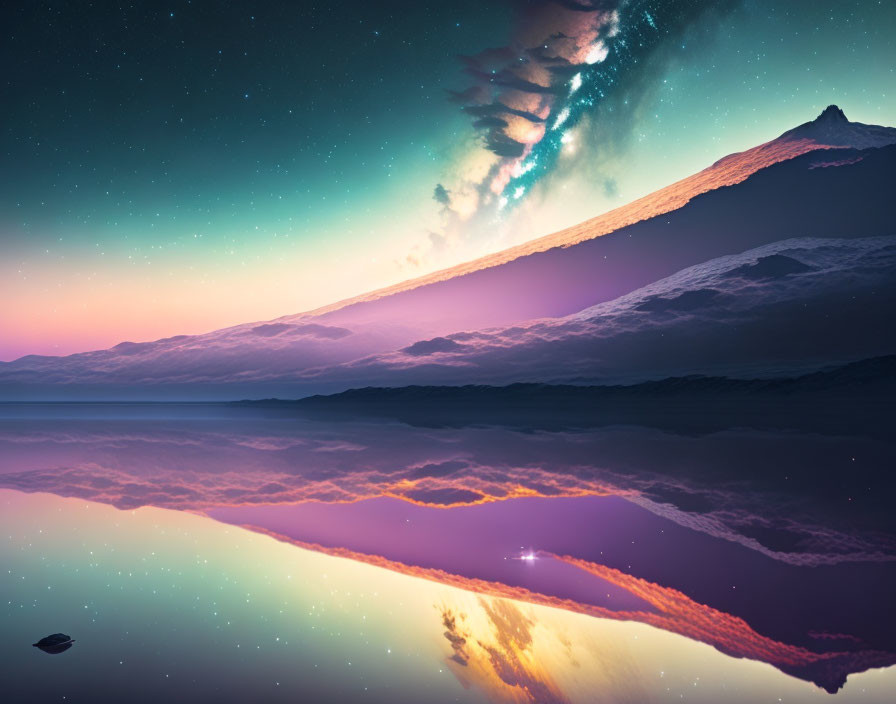 Snow-capped mountain reflected in glassy lake under starry sky