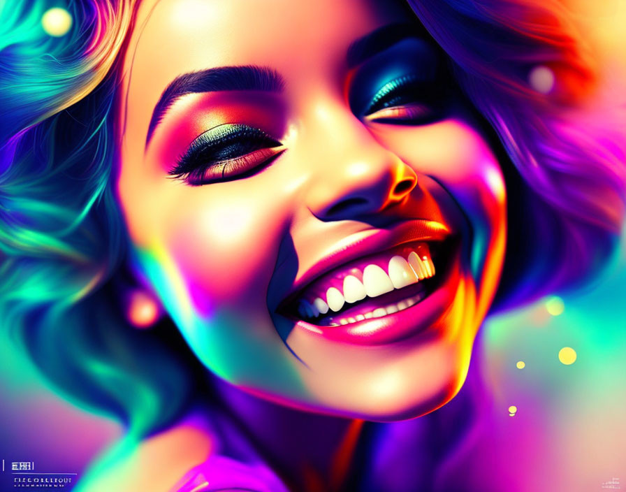 Colorful digital artwork: Smiling woman with vibrant lighting