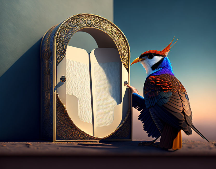 Colorful bird and mirror with open book symbolize introspection