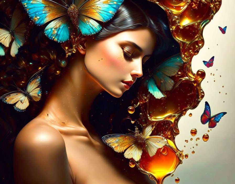 Illustrated woman with flowing hair and butterflies in vibrant colors