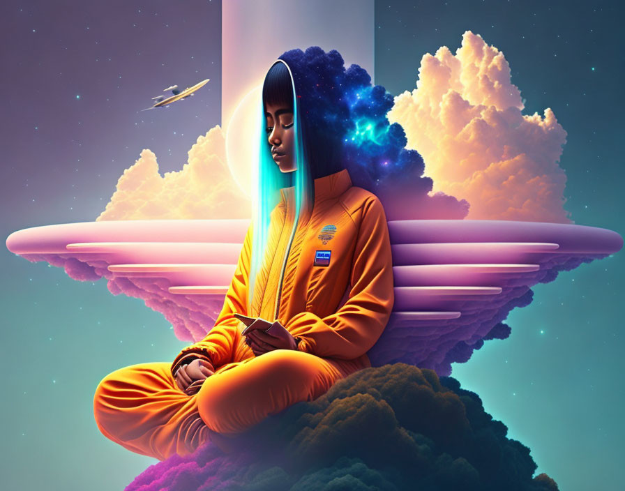 Meditating person in galaxy-themed spacesuit on vibrant cloud above Earth